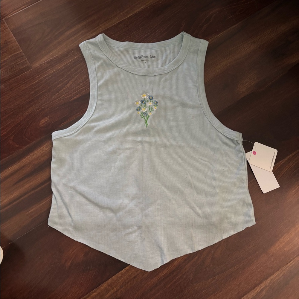 Light Blue Floral Ribbed Tank Top